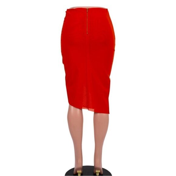 Designer Bec & Bridge NWOT Mesh ruched asymmetrical red Gold tulle midi skirt 6 - Picture 2 of 7